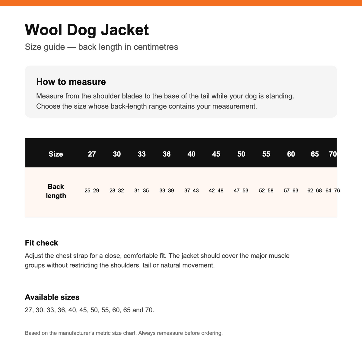 Non-stop Dogwear Wool Dog Jacket measuring guide