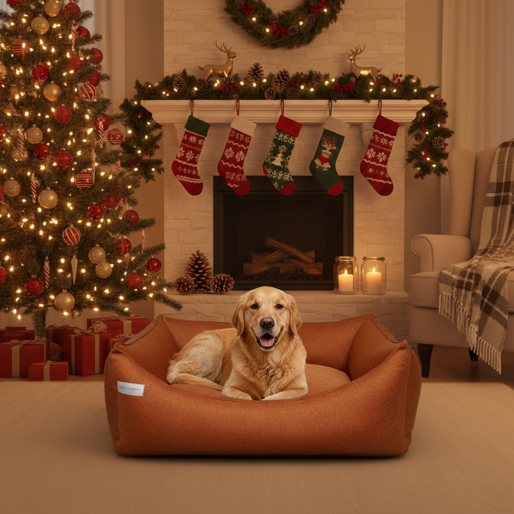 Dog lying on a brown dog bed in a cozy living room decorated for Christmas with a tree, stockings, and fireplace.