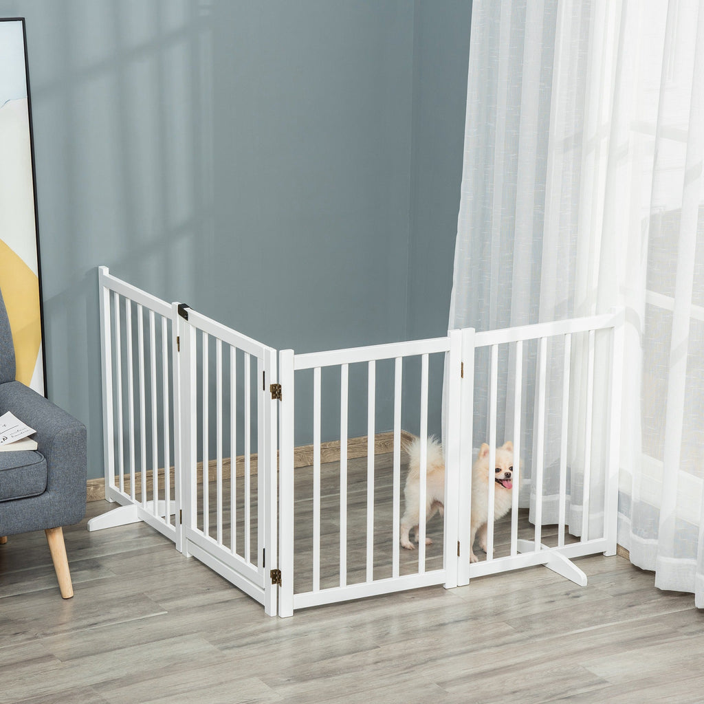Wide Wooden Dog Gate 80 cm Tall Freestanding with 4 Panels, Support Feet, two colours - Slickers ◊ Doghouse