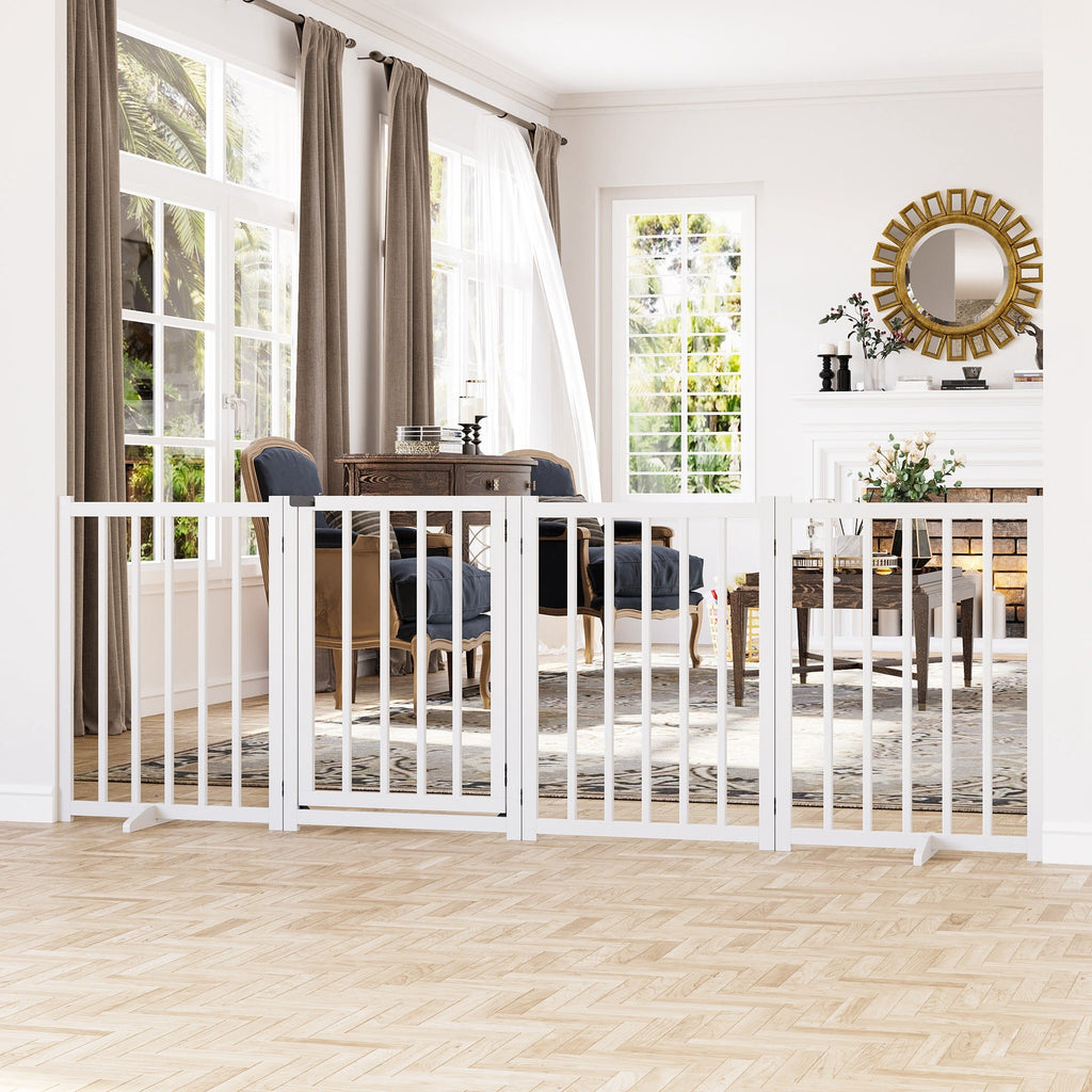 Wide Wooden Dog Gate 80 cm Tall Freestanding with 4 Panels, Support Feet, two colours - Slickers ◊ Doghouse