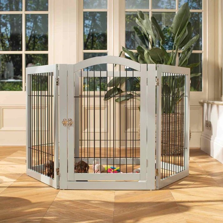 Wooden Puppy Play Pen in White and Grey - Slickers ◊ Doghouse