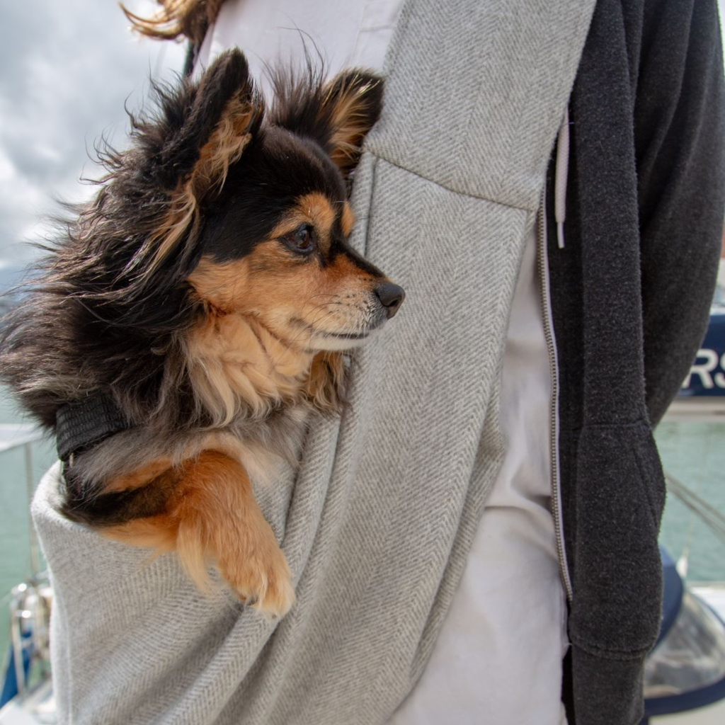 Slickers ◊ Doghouse Dog Carrier Grey Herringbone Tweed Dog Sling